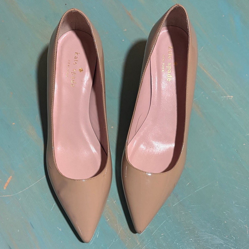 kate spade Beige Patent Pointed-Toe Pumps with Pink Insole